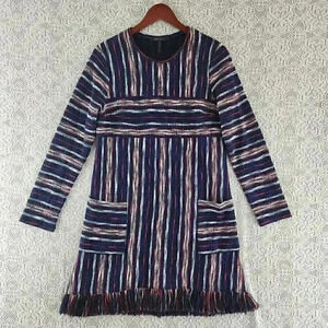 BCBGMaxazria Striped Fringe Long Sleeve Knit Sweater Shift Dress S